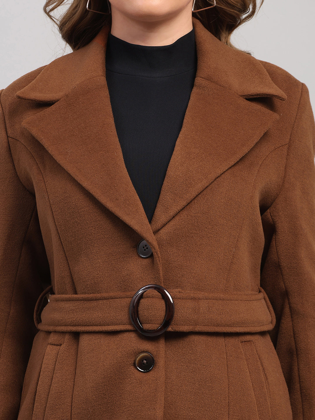 Women Brown Solid Collar Full Sleeve Coat