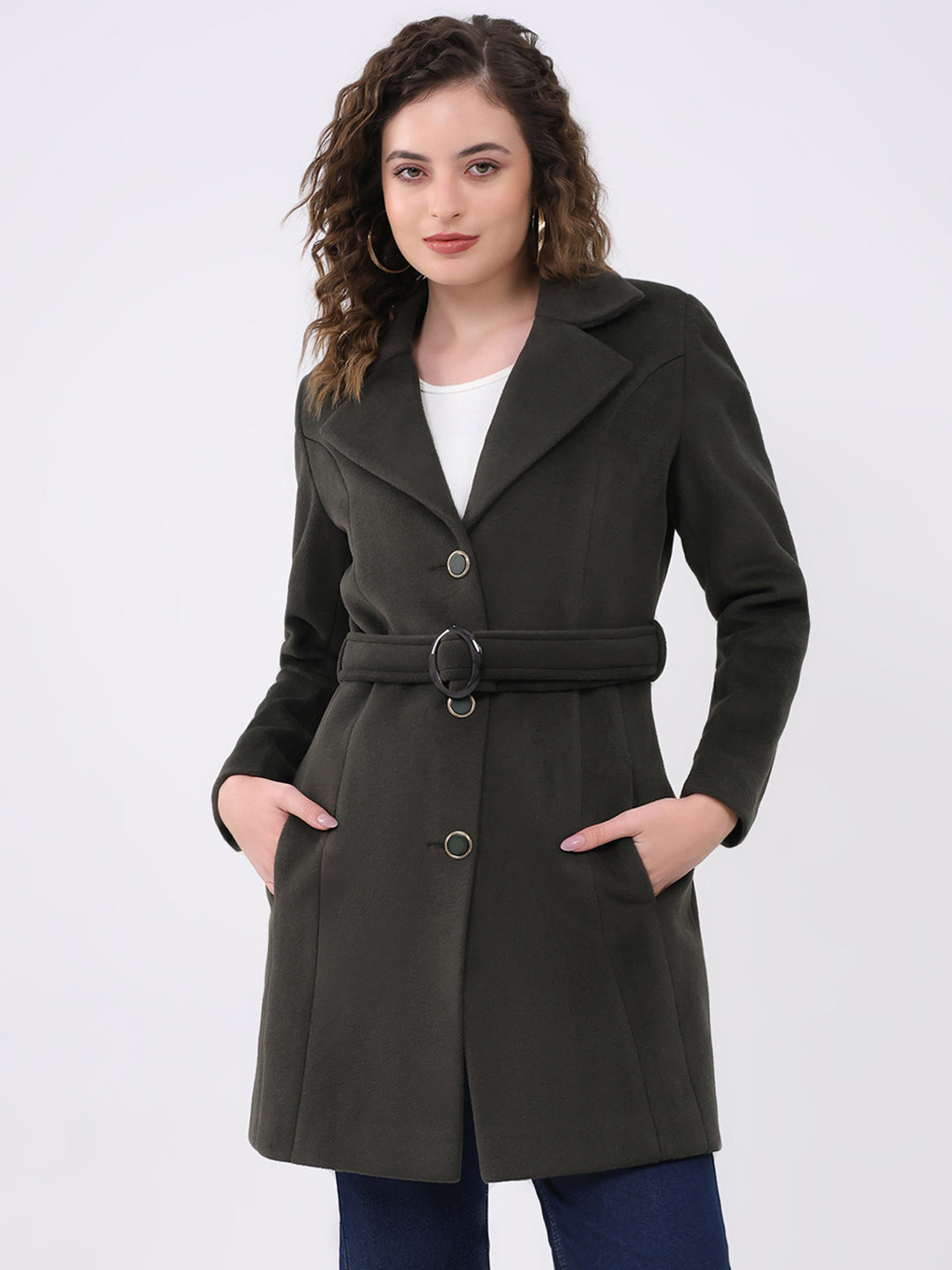 Women Olive Solid Notch Lapel Collar Full Sleeve Long Coat