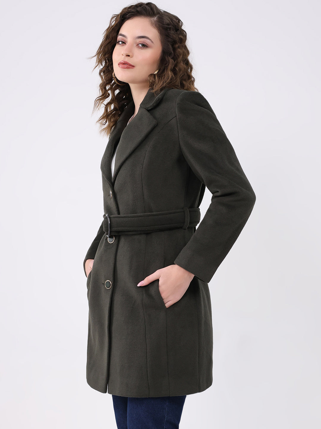 Women Olive Solid Notch Lapel Collar Full Sleeve Coat