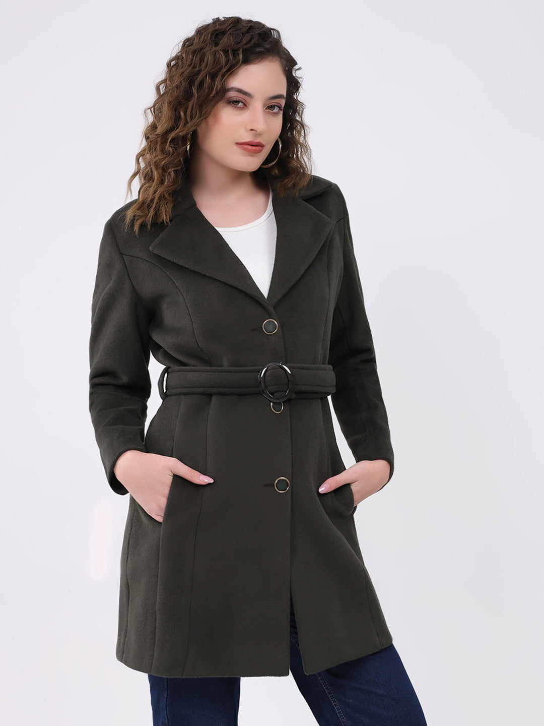 Women Olive Solid Notch Lapel Collar Full Sleeve Coat
