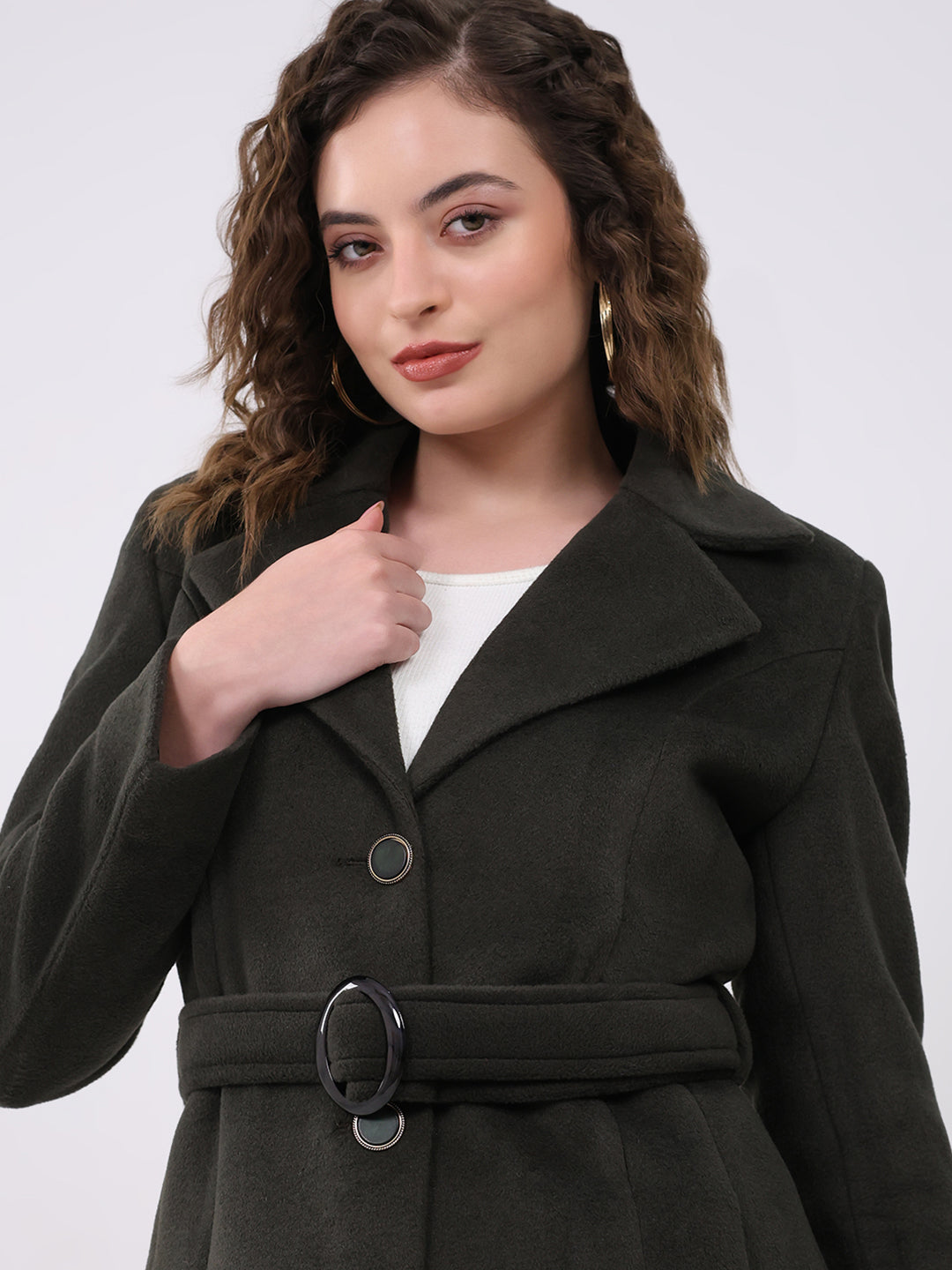 Women Olive Solid Notch Lapel Collar Full Sleeve Coat