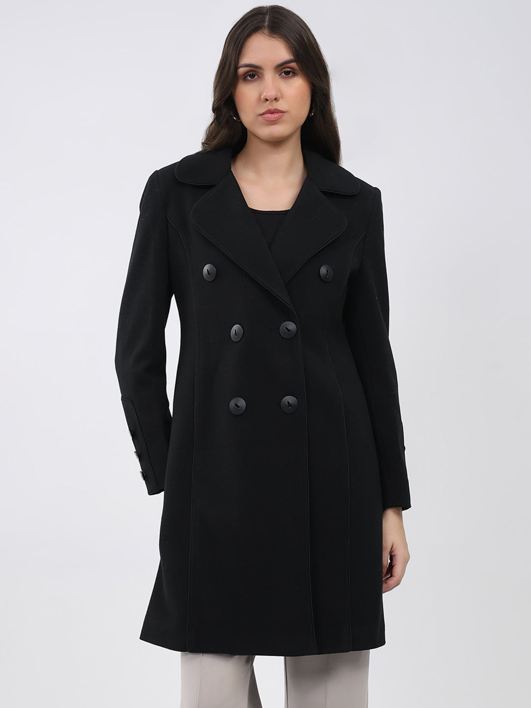 Women Black Solid Collar Full Sleeve Long Coat
