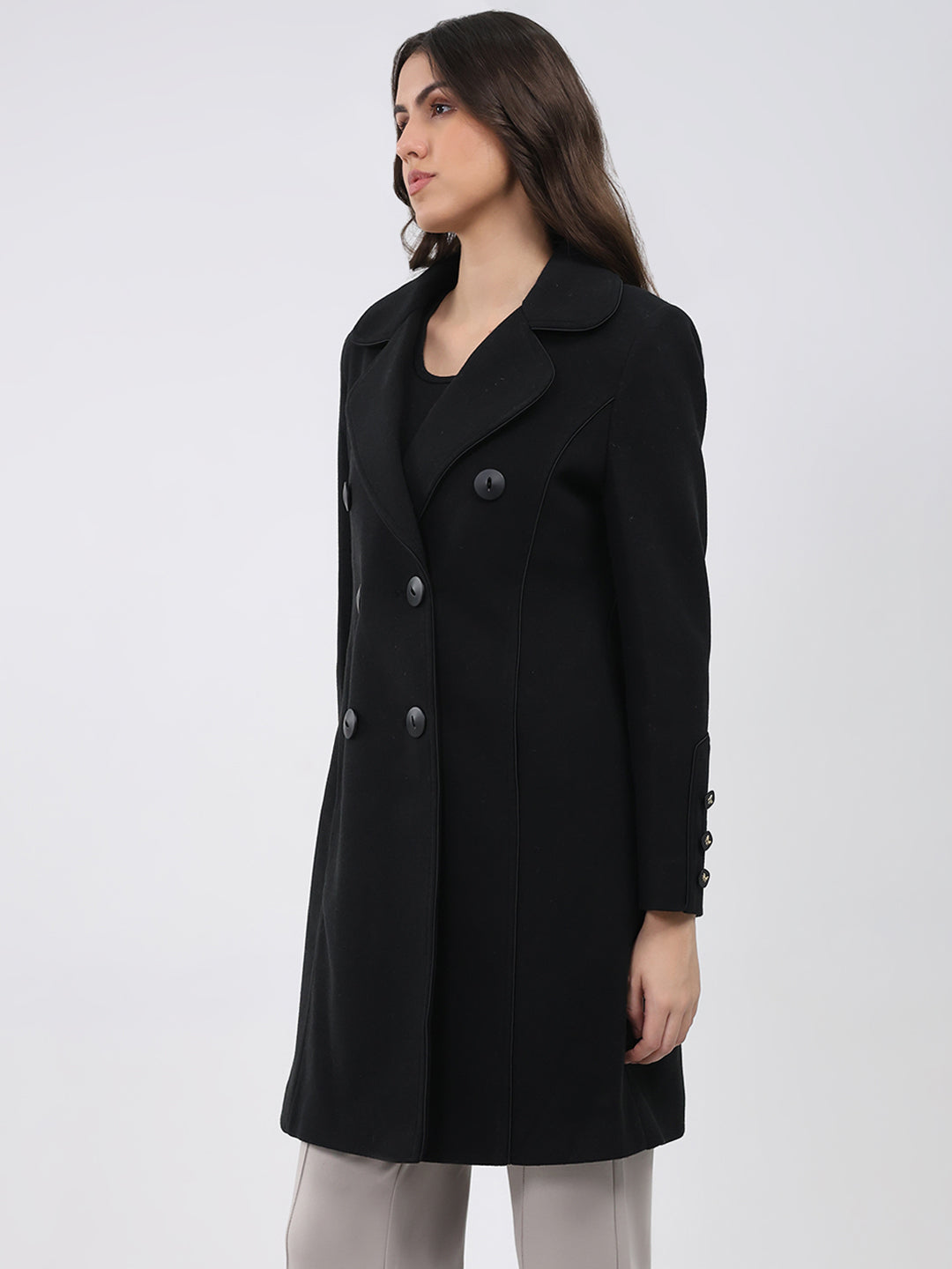 Women Black Solid Collar Full Sleeve Coat