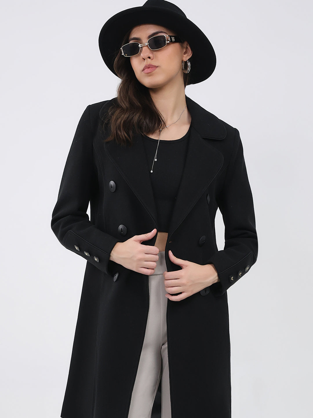 Women Black Solid Collar Full Sleeve Coat