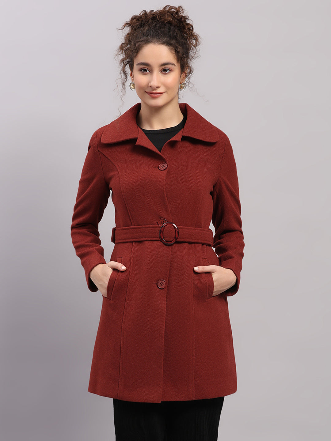 Women Rust Solid Collar Full Sleeve Long Coat