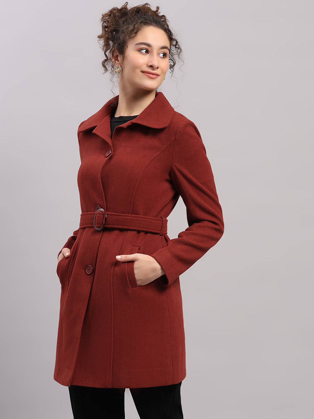 Women Rust Solid Collar Full Sleeve Coat