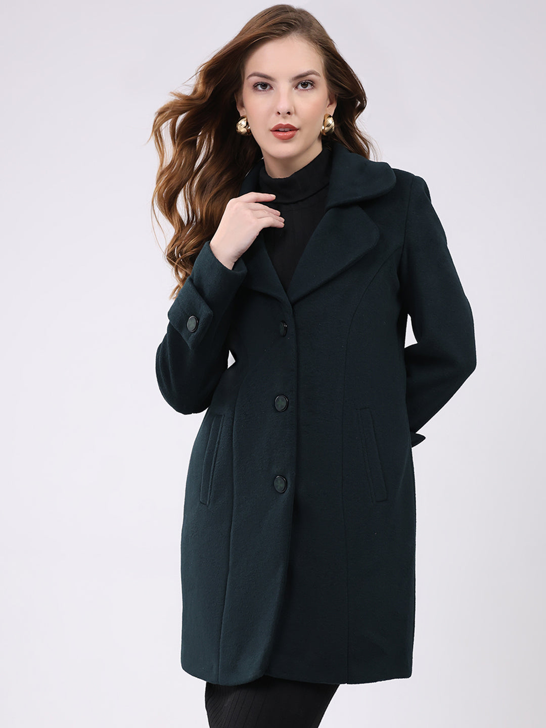 Women Teal Blue Solid Notch Lapel Collar Full Sleeve Long Coat