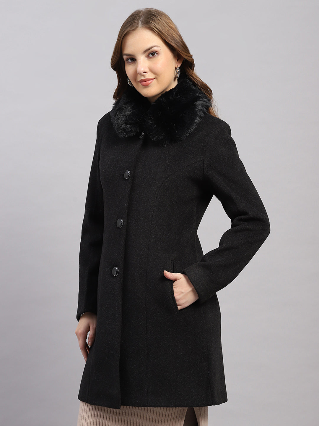 Women Black Solid Collar Full Sleeve Coat