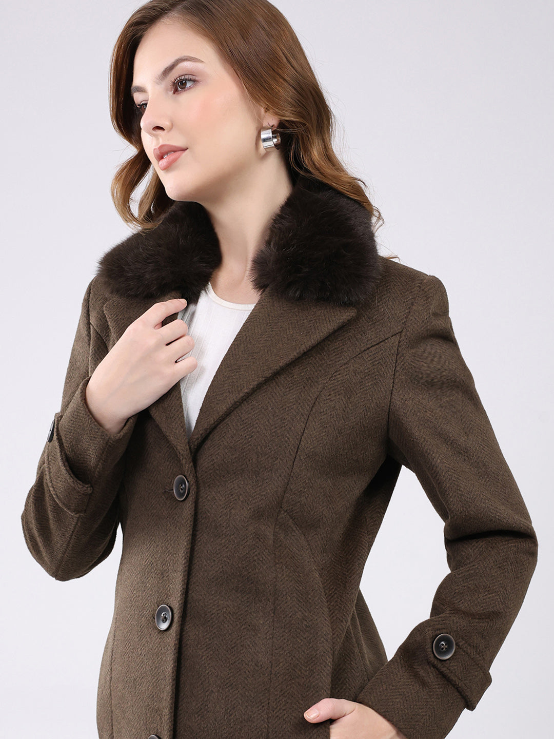 Women Brown Solid Notch Lapel Collar Full Sleeve Coat