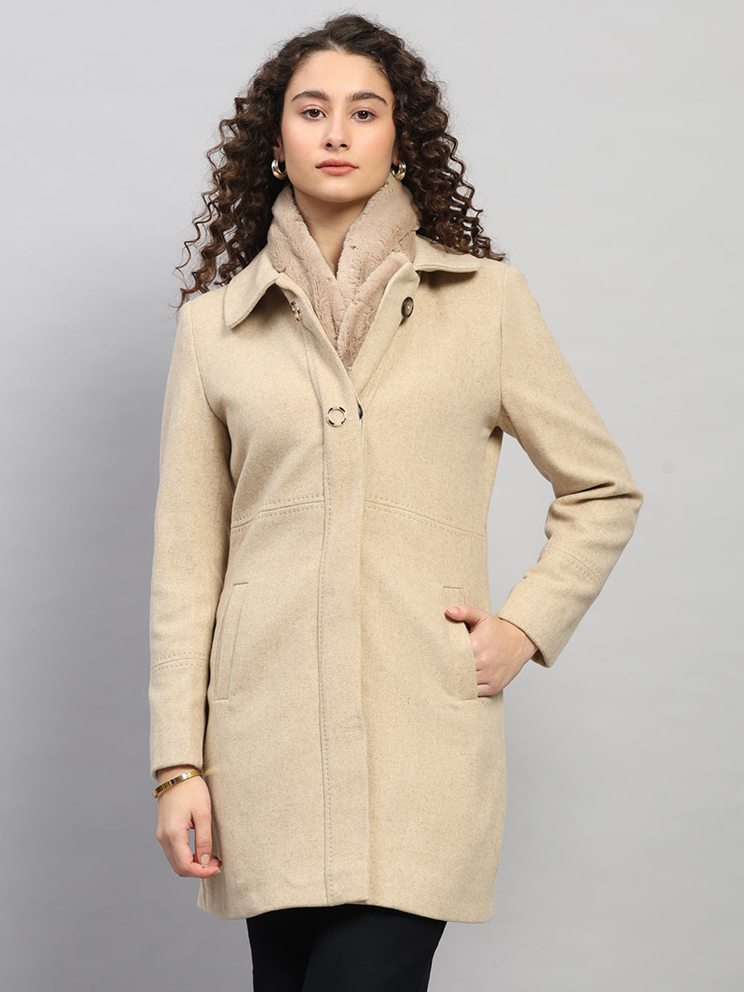 Women Beige Solid Collar Full Sleeve Long Coat