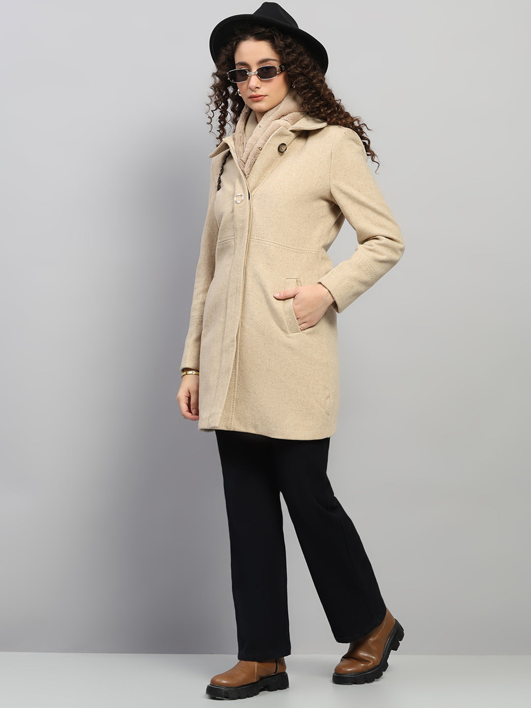 Women Beige Solid Collar Full Sleeve Coat