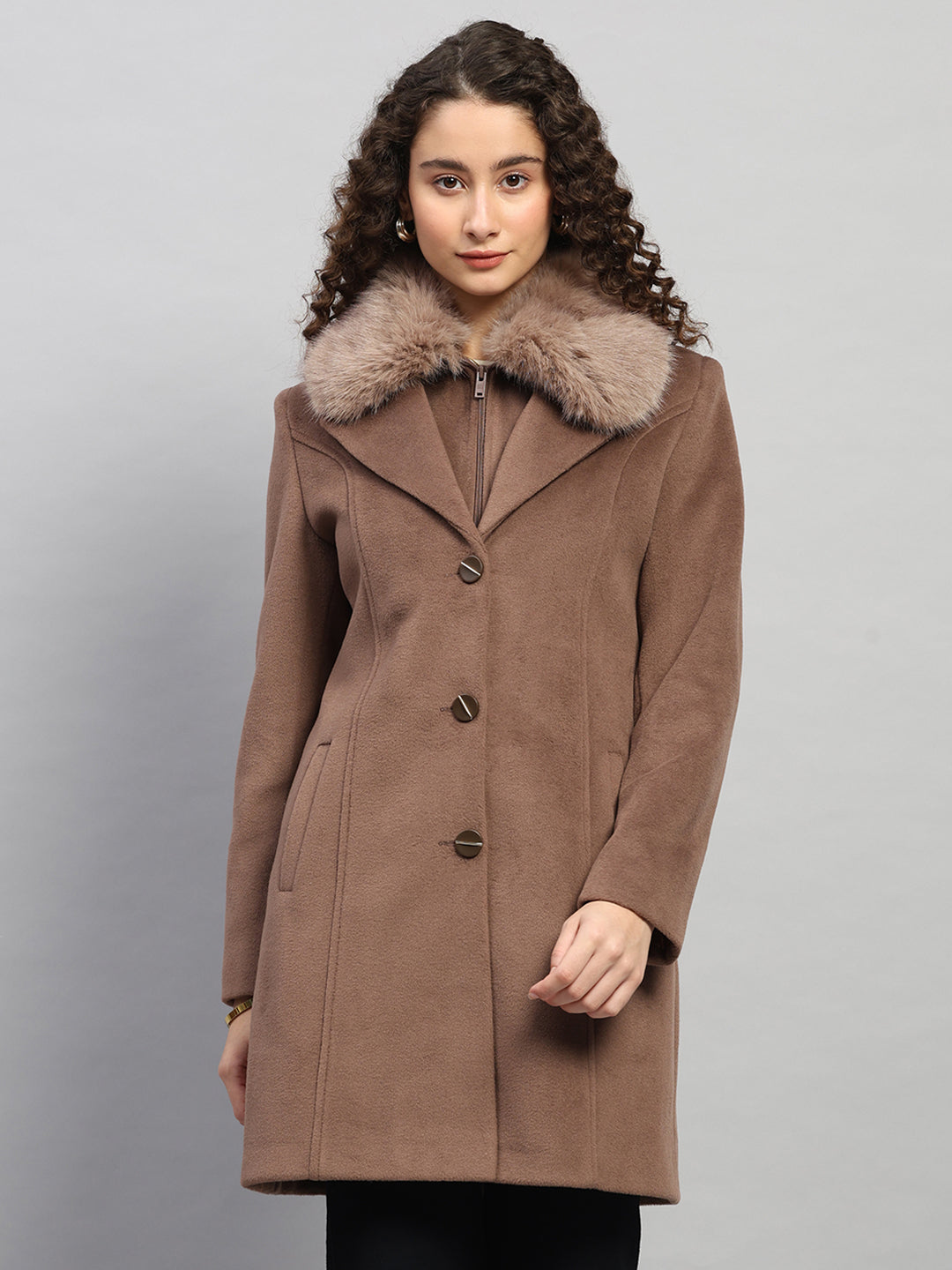 Women Brown Solid Collar Full Sleeve Long Coat
