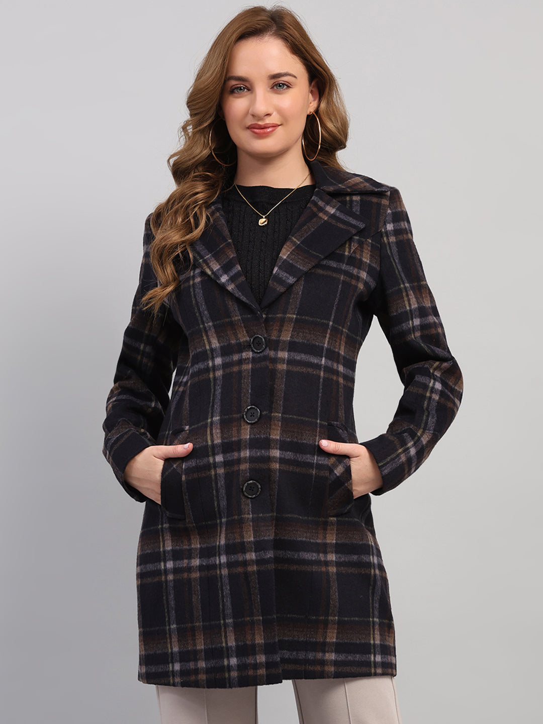 Women Navy Blue Check Collar Full Sleeve Long Coat