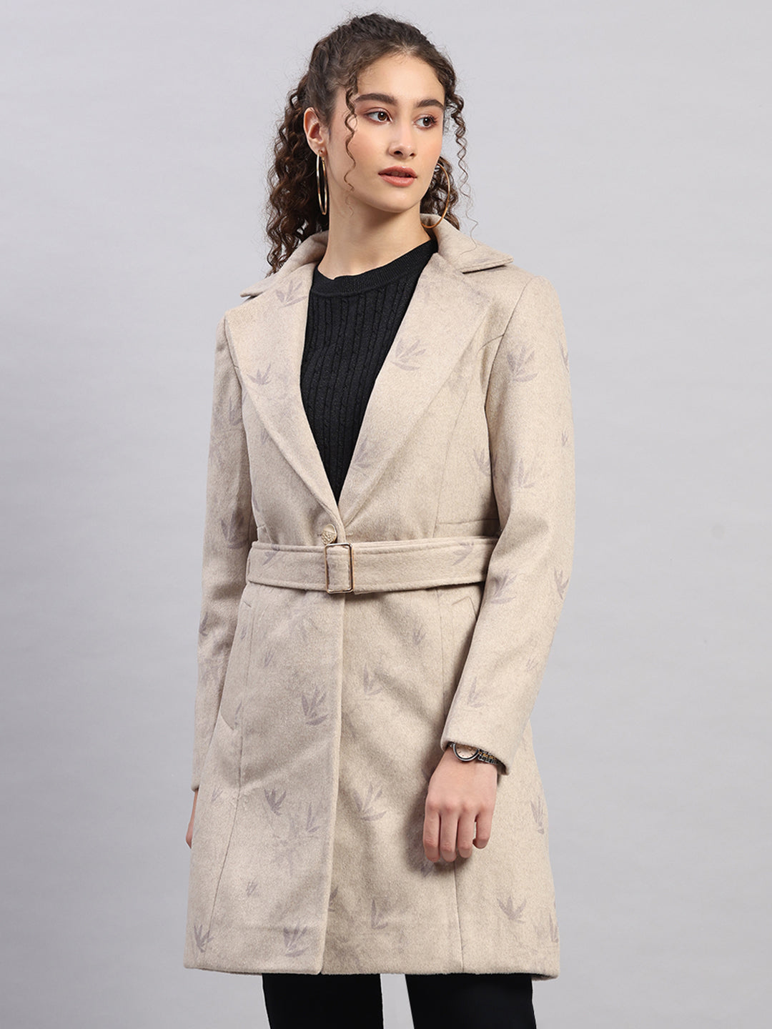 Women Beige Printed Collar Full Sleeve Long Coat