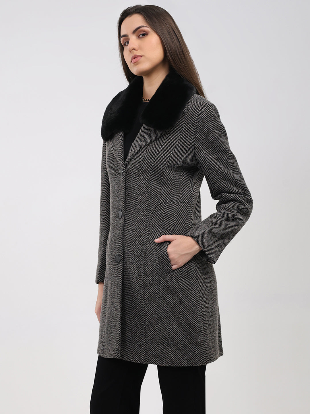 Women Grey Printed Collar Full Sleeve Coat