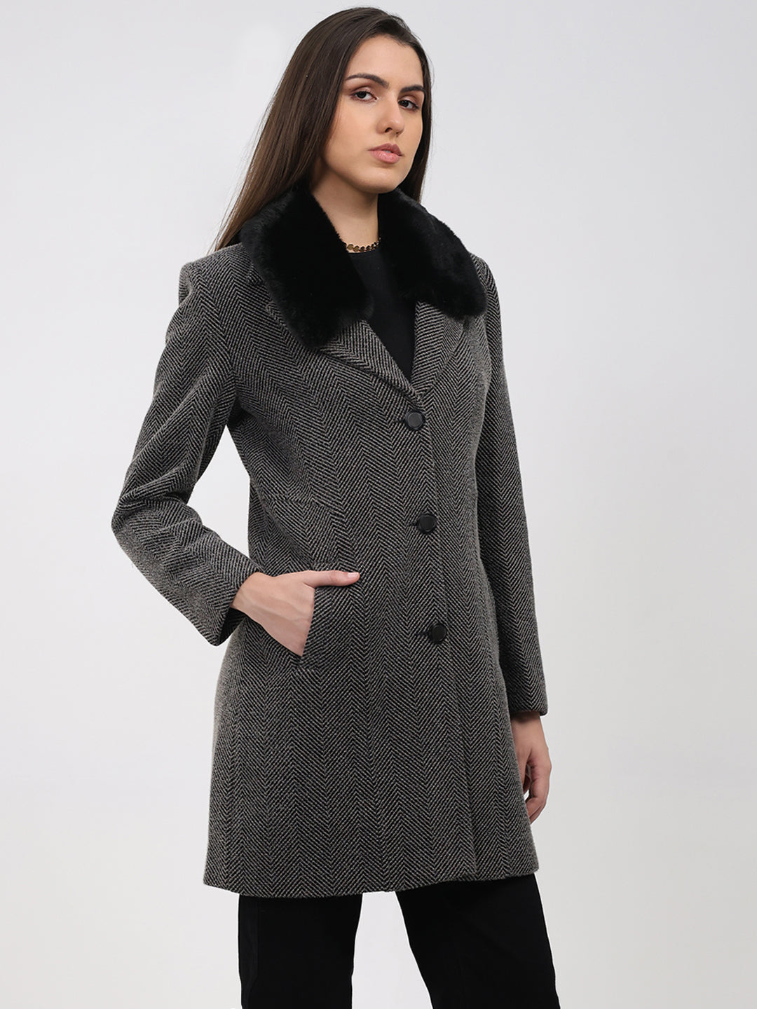 Women Grey Printed Collar Full Sleeve Coat