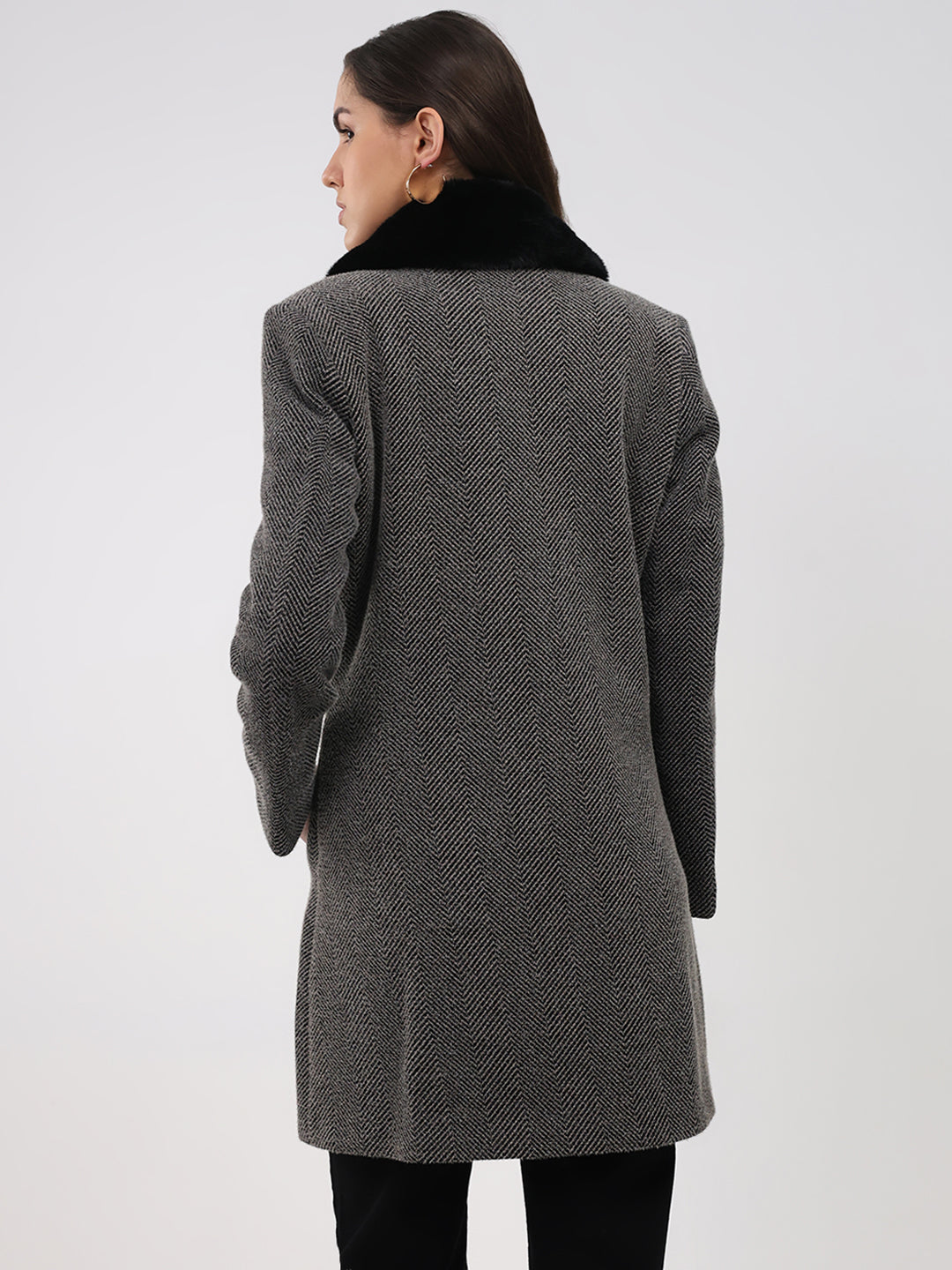 Women Grey Printed Collar Full Sleeve Coat