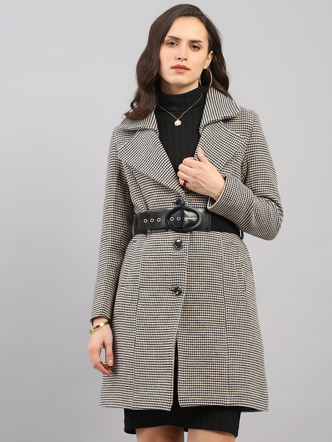 Women Black Jacquard Lapel Collar Full Sleeve Belted Long Coat