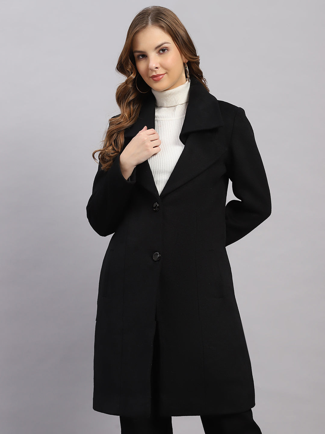 Women Black Solid Collar Full Sleeve Long Coat