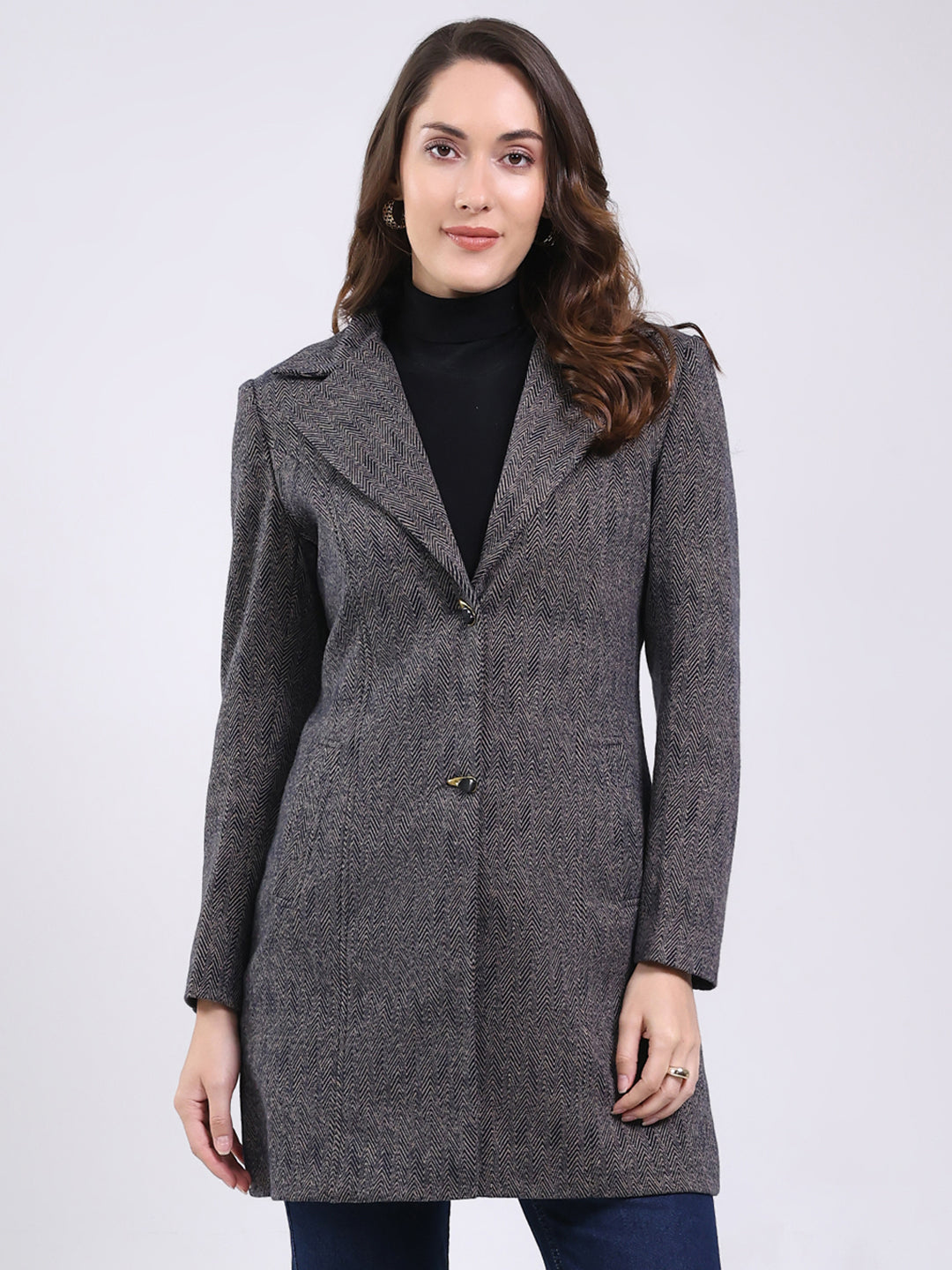 Women Black Self Design Notch Lapel Collar Full Sleeve Long Coat