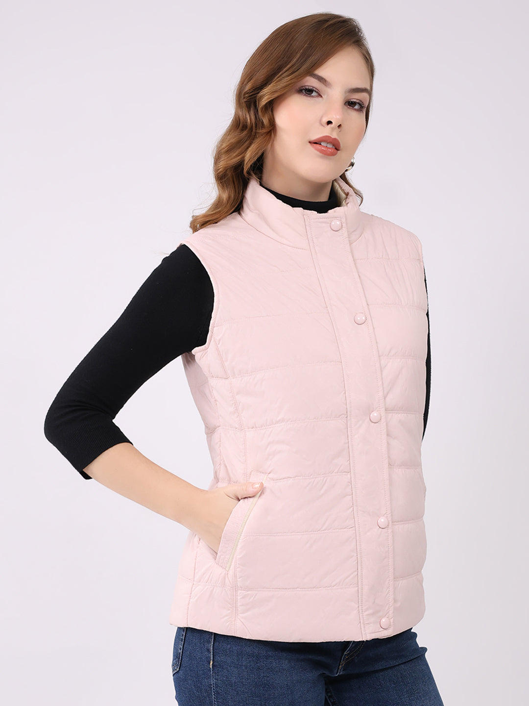 Women Pink Self Design Mock Neck Sleeveless Jacket
