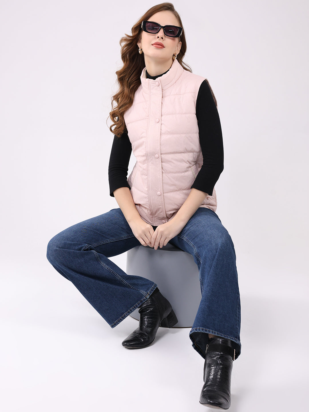 Women Pink Self Design Mock Neck Sleeveless Jacket