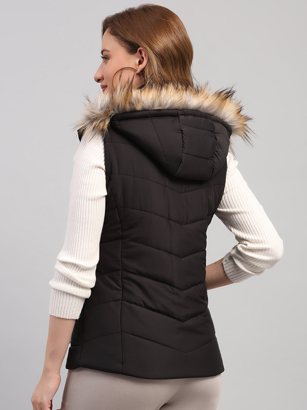 Women Black Solid Hooded Sleeveless Jacket