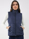 Women Navy Blue Solid Collar Sleeveless Jacket