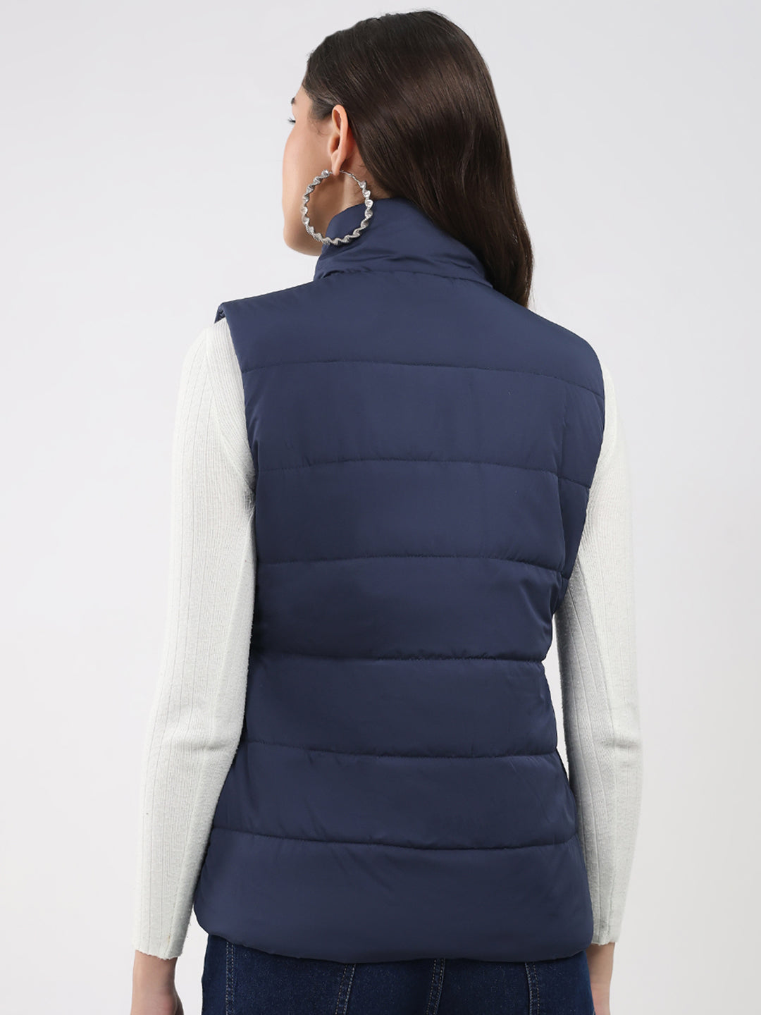 Women Navy Blue Solid Collar Sleeveless Jacket