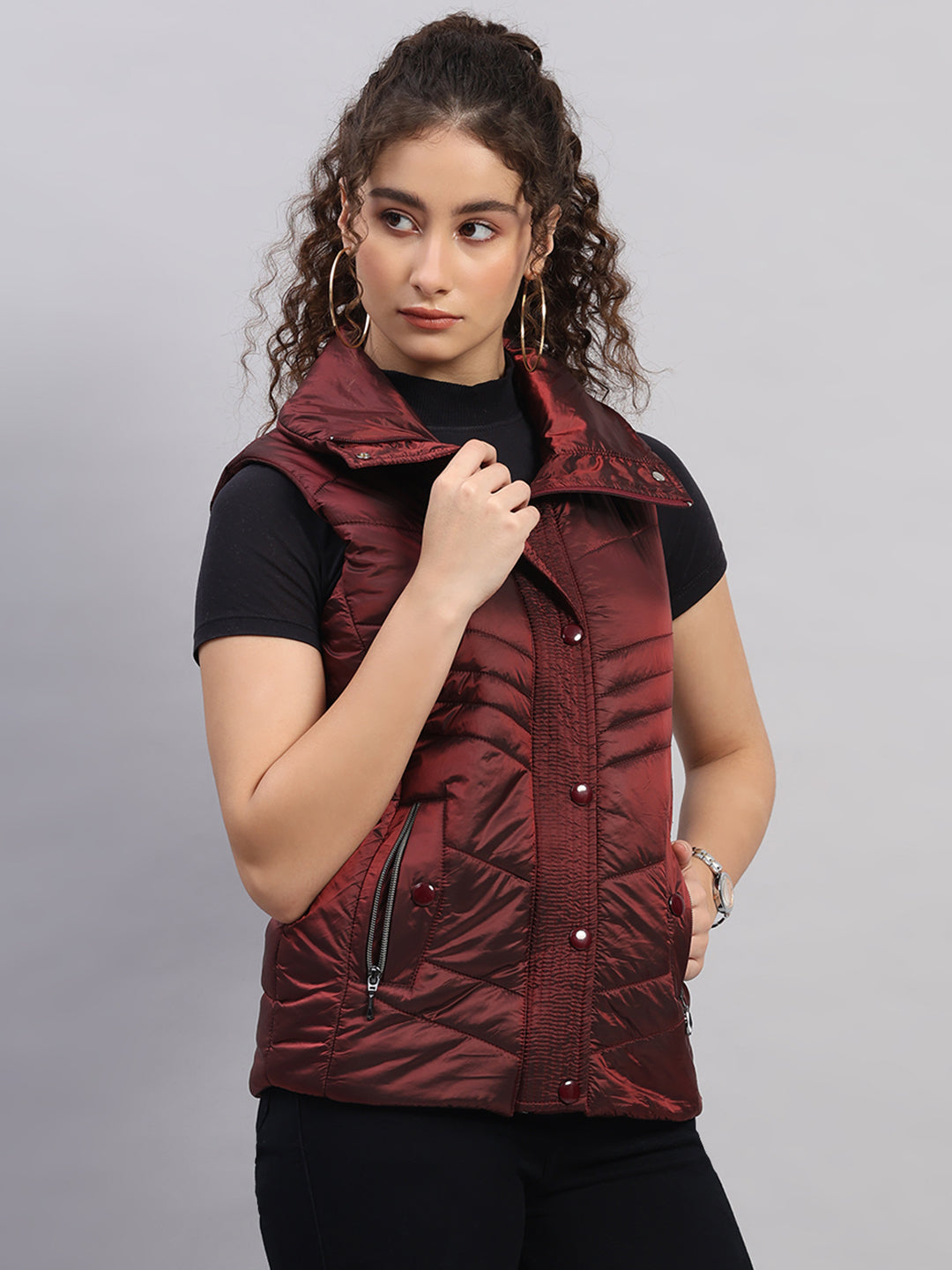 Women Maroon Self Design Collar Sleeveless Jacket