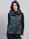 Women Teal Blue Self Design Collar Sleeveless Jacket