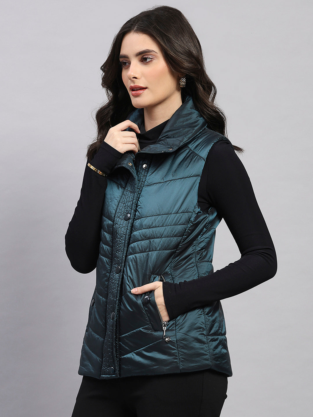 Women Teal Blue Self Design Collar Sleeveless Jacket