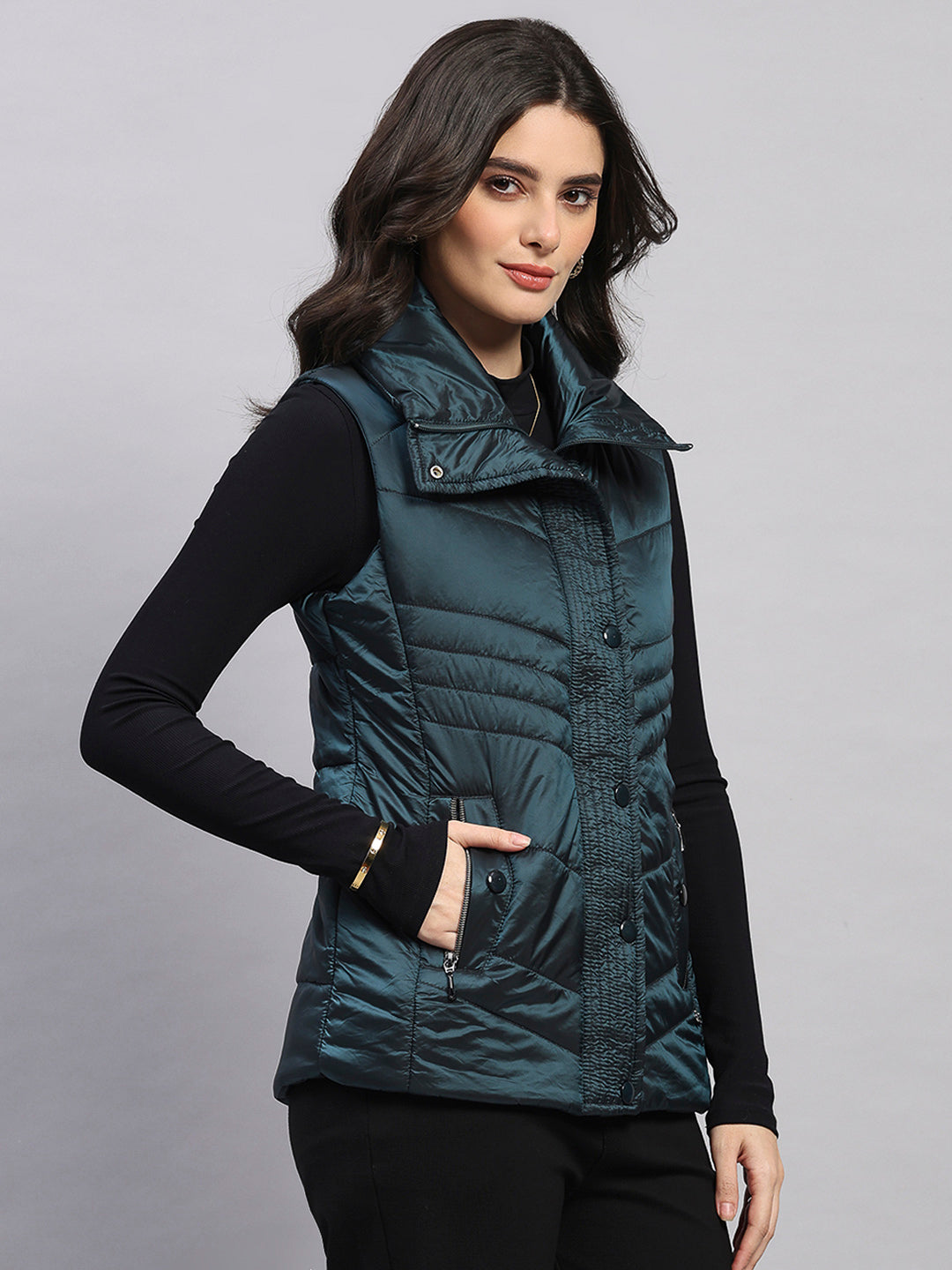 Women Teal Blue Self Design Collar Sleeveless Jacket