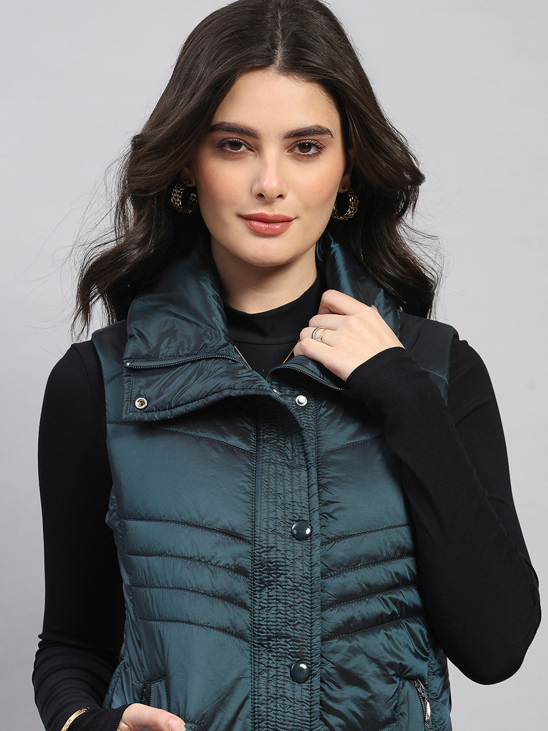 Women Teal Blue Self Design Collar Sleeveless Jacket