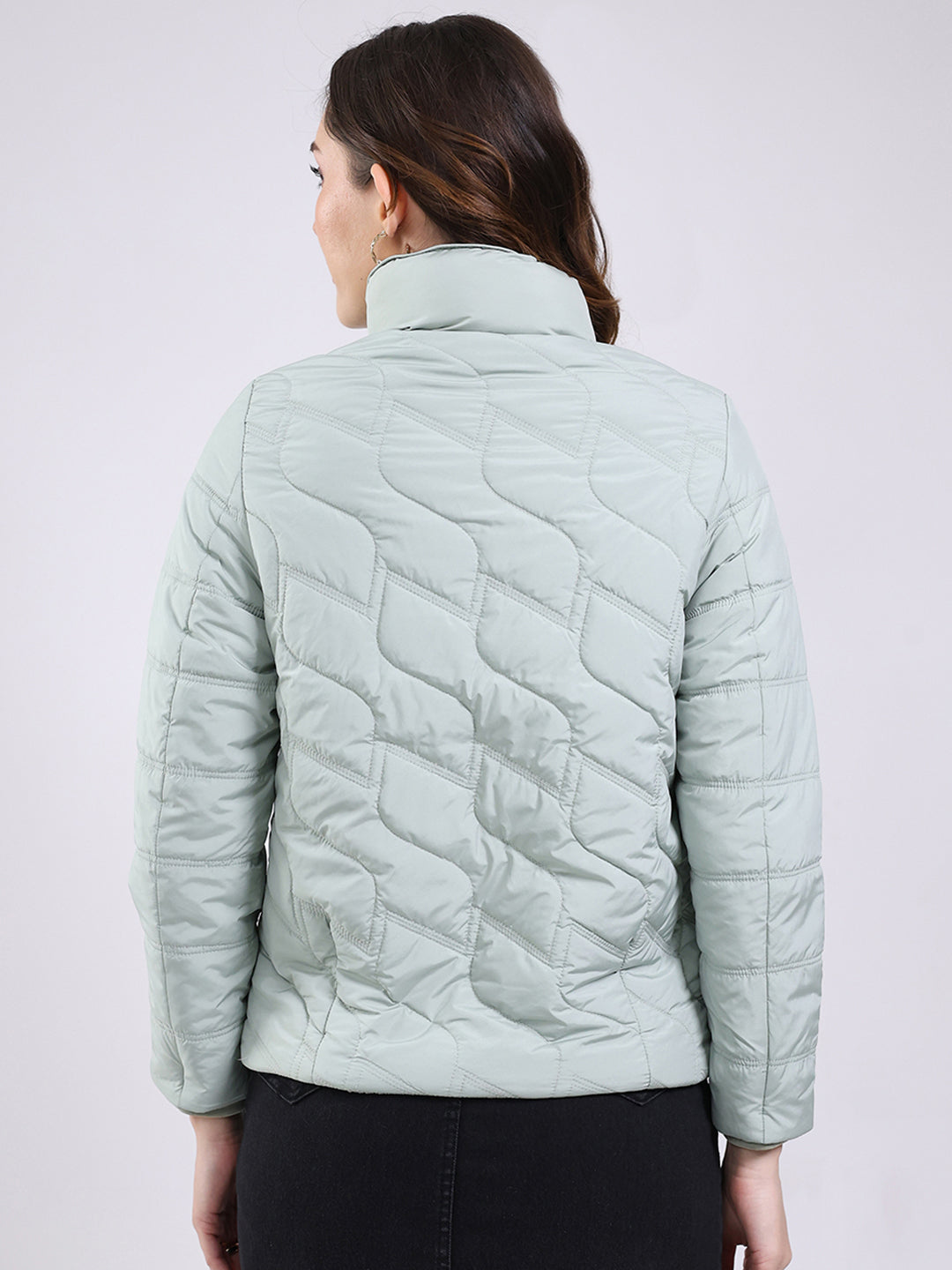 Women Mint Green Solid Mock Neck Full Sleeve Jacket