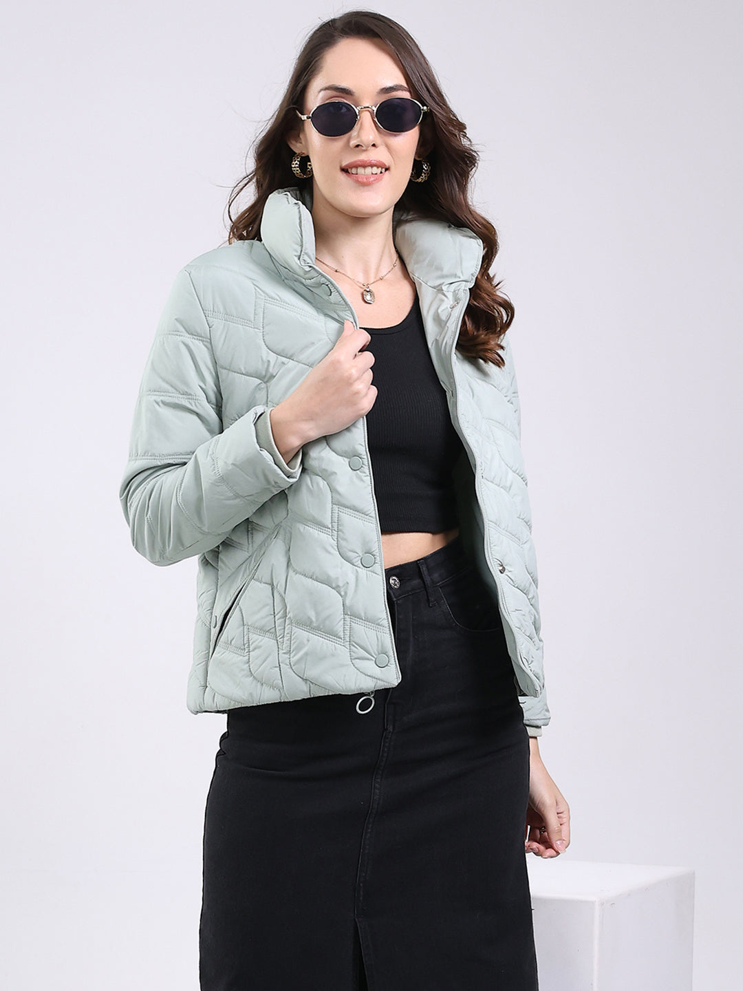 Women Mint Green Solid Mock Neck Full Sleeve Jacket