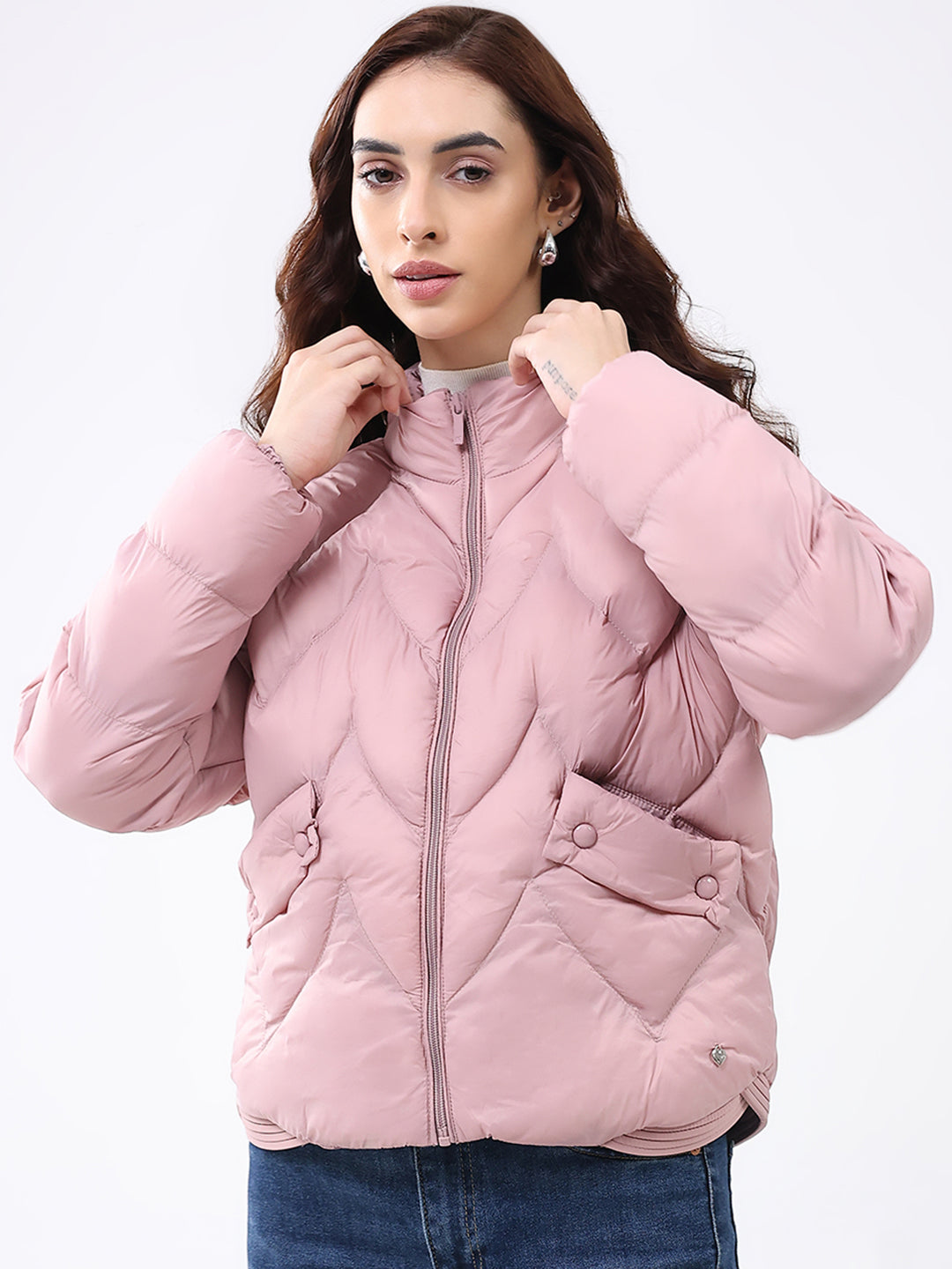 Women Pink Solid Mock Neck Full Sleeve Jacket