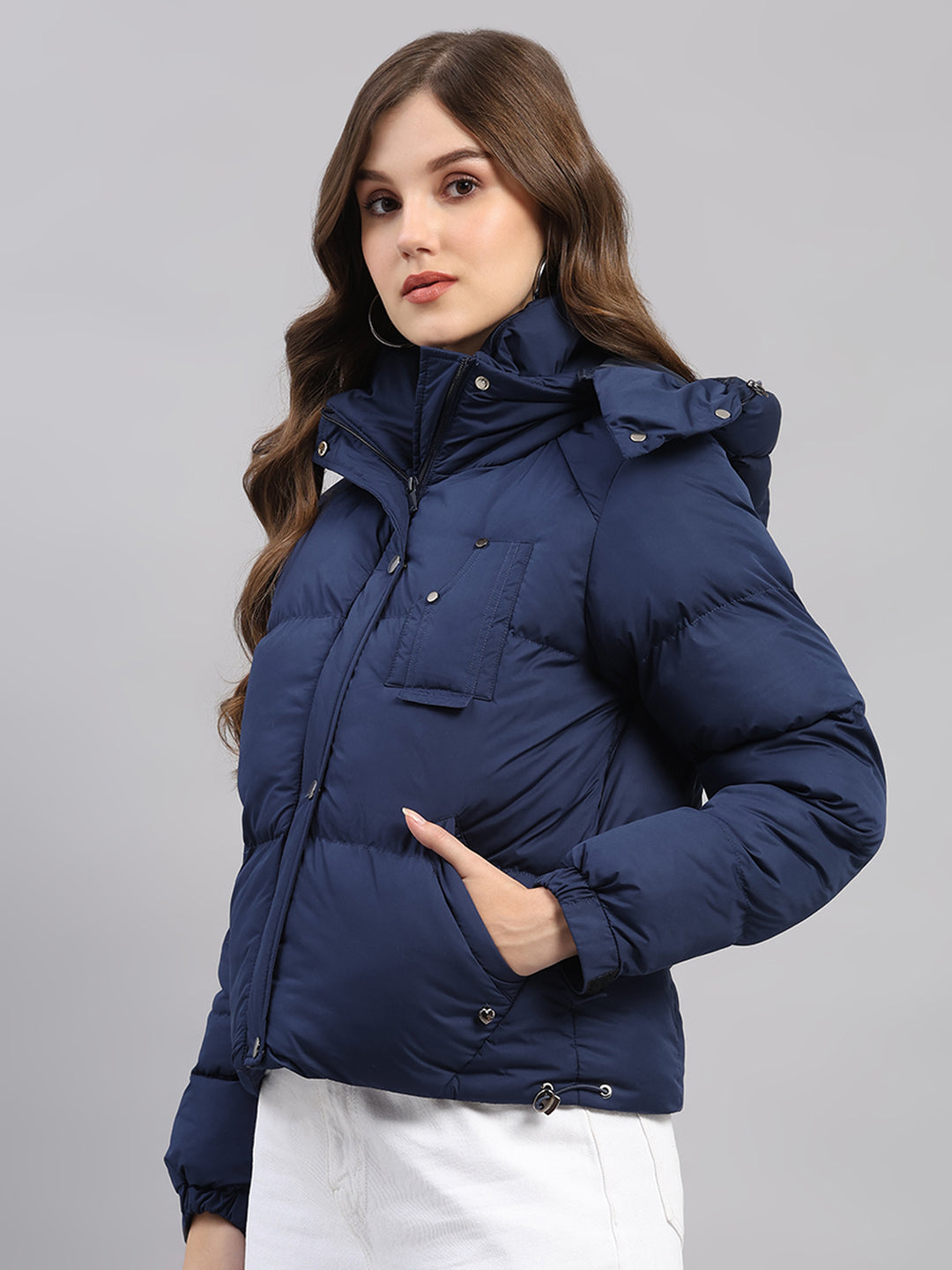 Women Blue Solid Hooded Full Sleeve Jacket