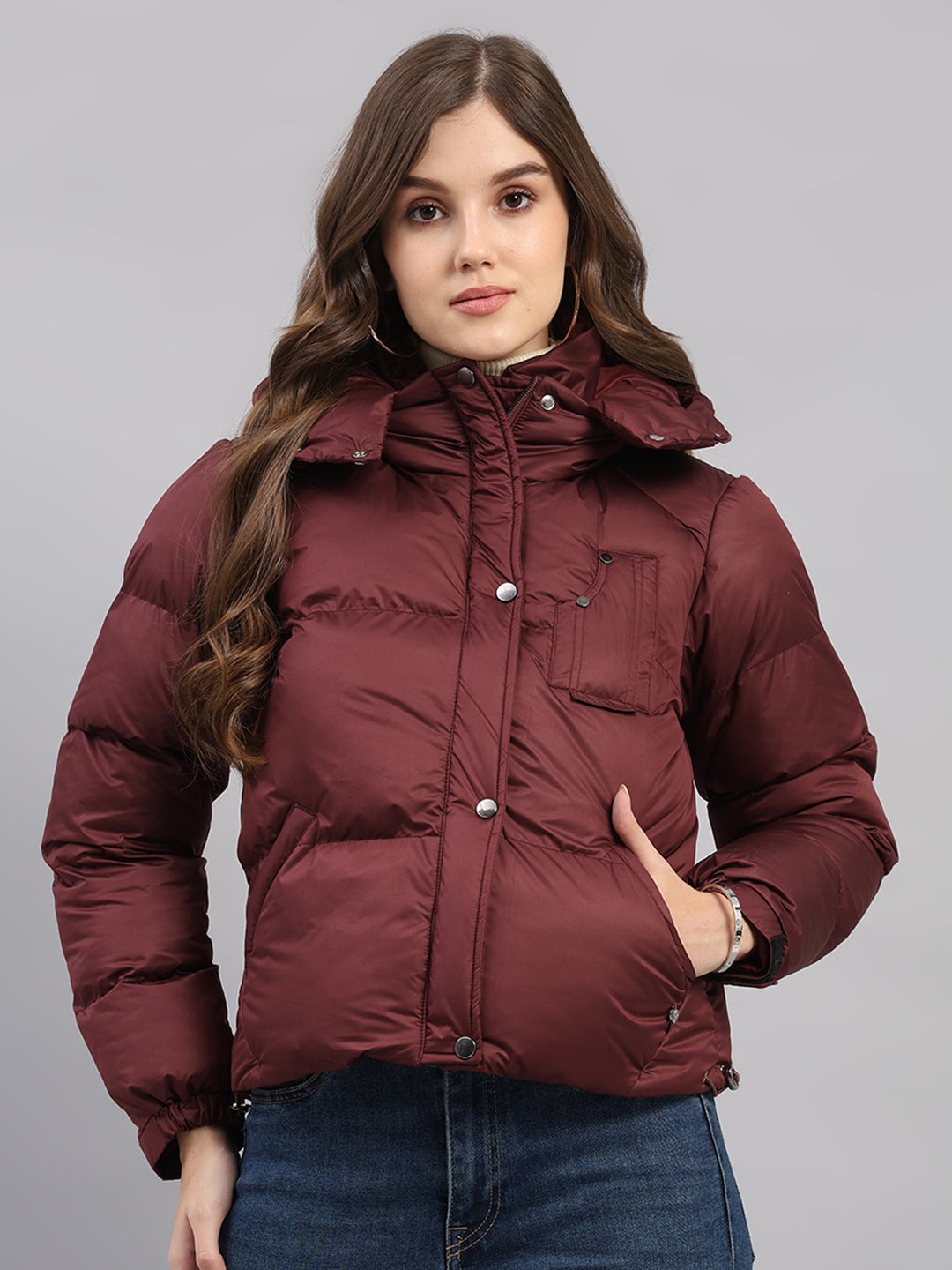 Women Burgundy Solid Hooded Full Sleeve Jacket
