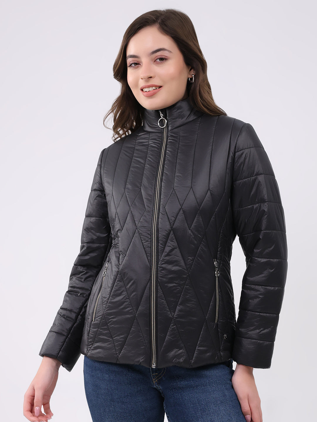 Women Black Solid Mock Neck Full Sleeve Jacket