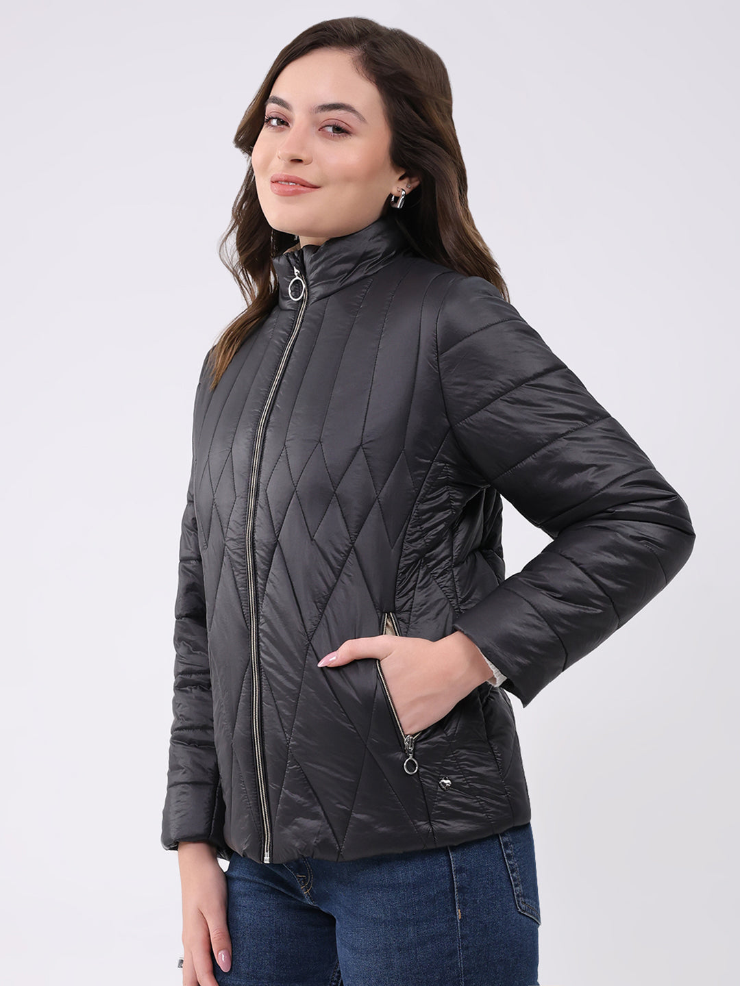 Women Black Solid Mock Neck Full Sleeve Jacket