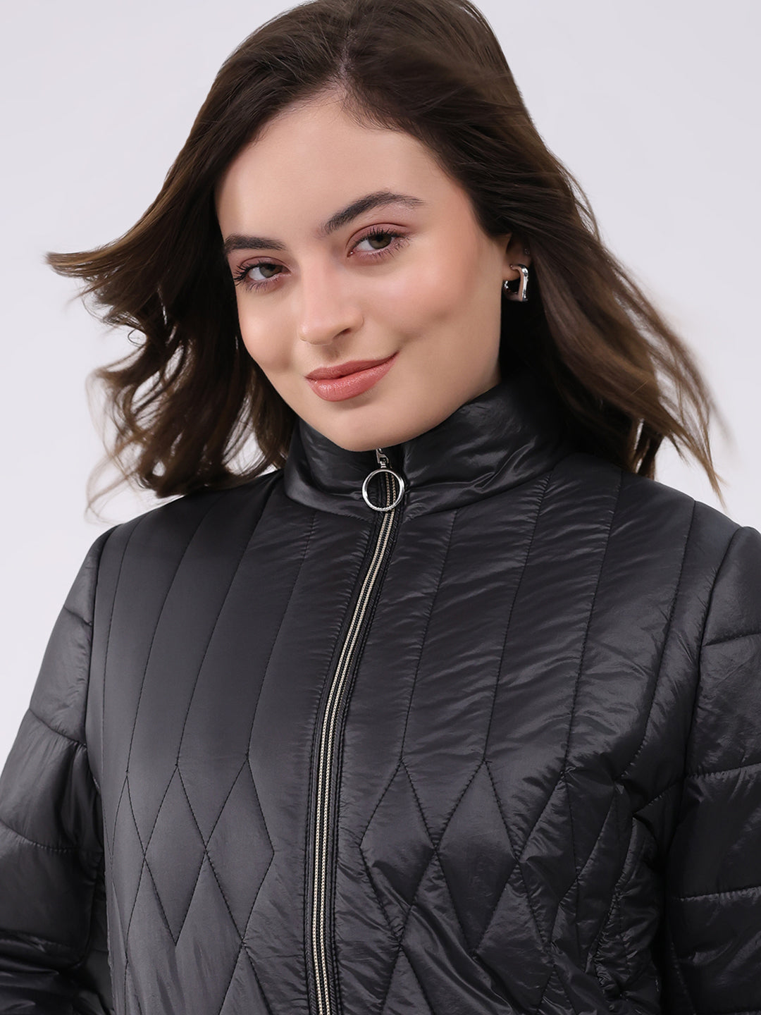 Women Black Solid Mock Neck Full Sleeve Jacket
