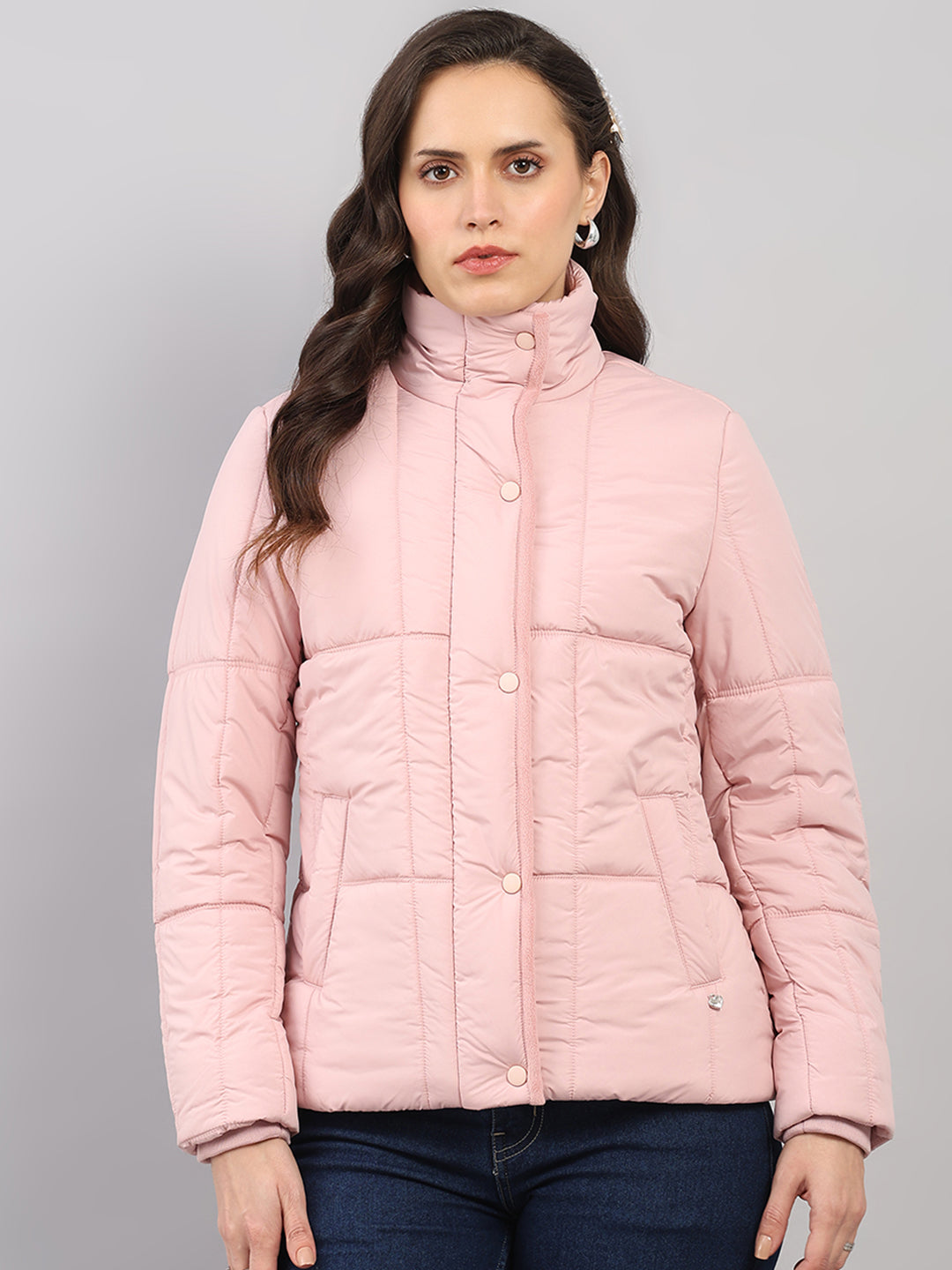 Women Pink Solid High Neck Full Sleeve Jacket
