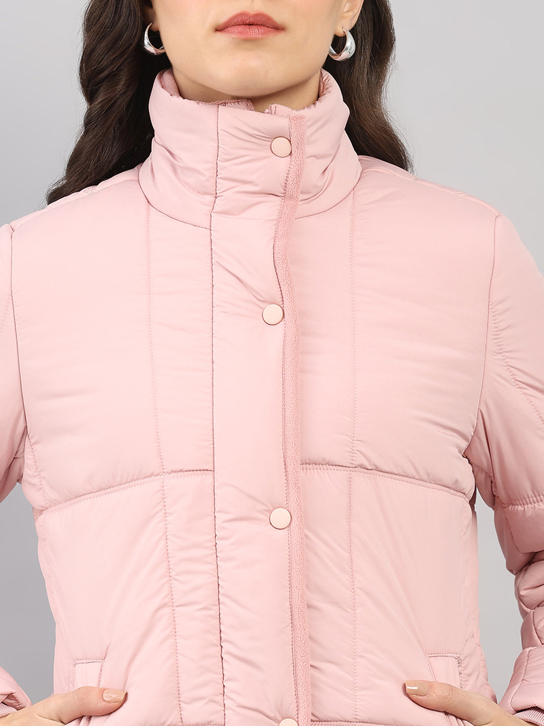 Women Pink Solid High Neck Full Sleeve Jacket