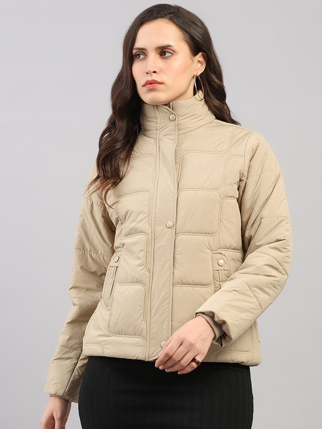 Women Beige Self Design Stand Collar Full Sleeve Jacket