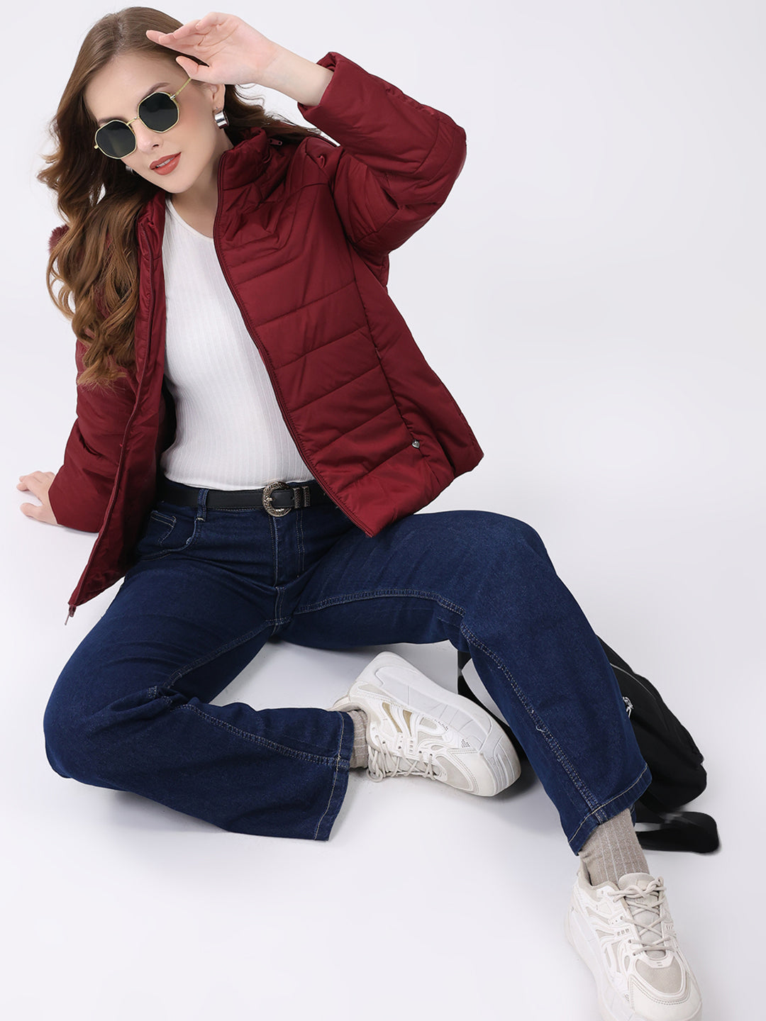 Women Maroon Solid Hooded Full Sleeve Jacket
