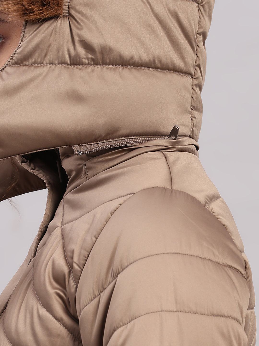 Women Brown Solid Hooded Full Sleeve Jacket