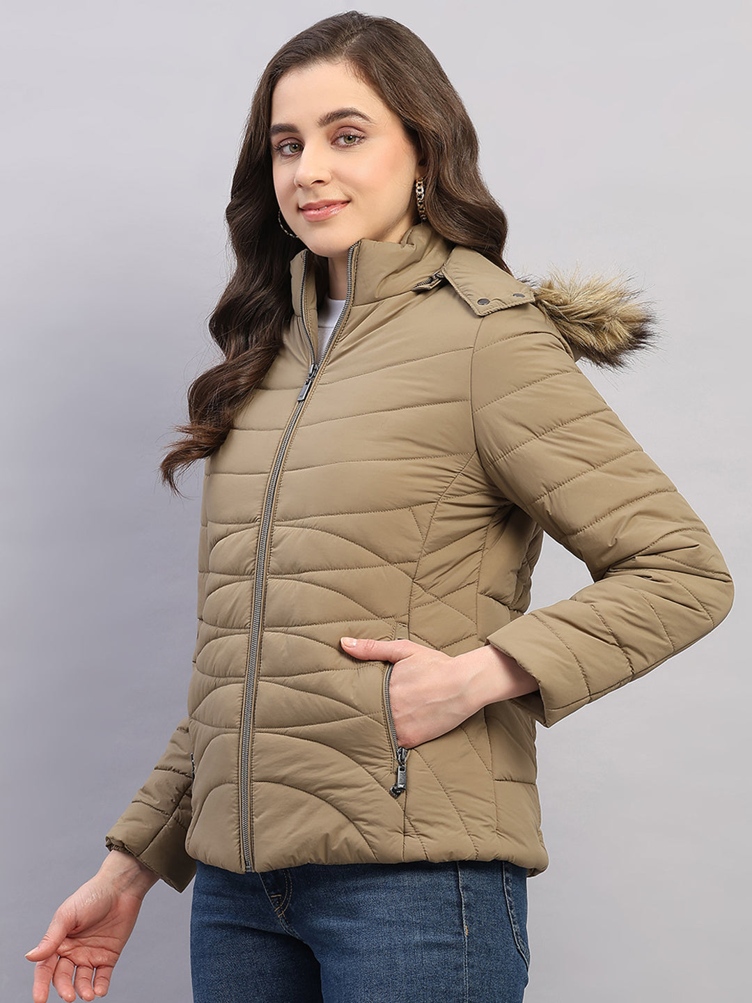 Women Khaki Solid Hooded Full Sleeve Jacket