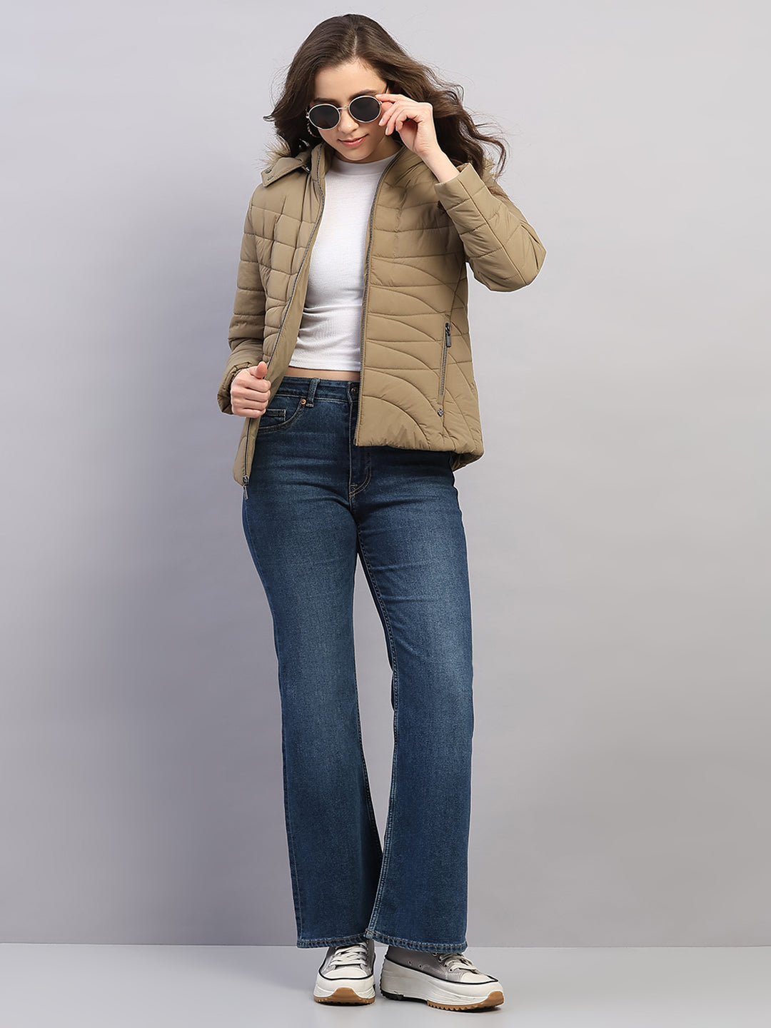 Women Khaki Solid Hooded Full Sleeve Jacket