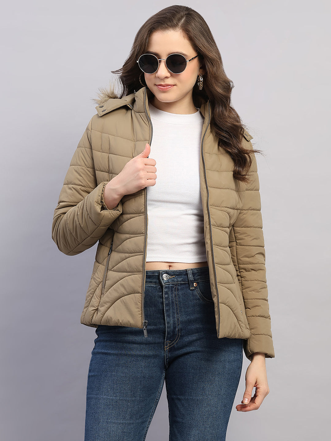 Women Khaki Solid Hooded Full Sleeve Jacket
